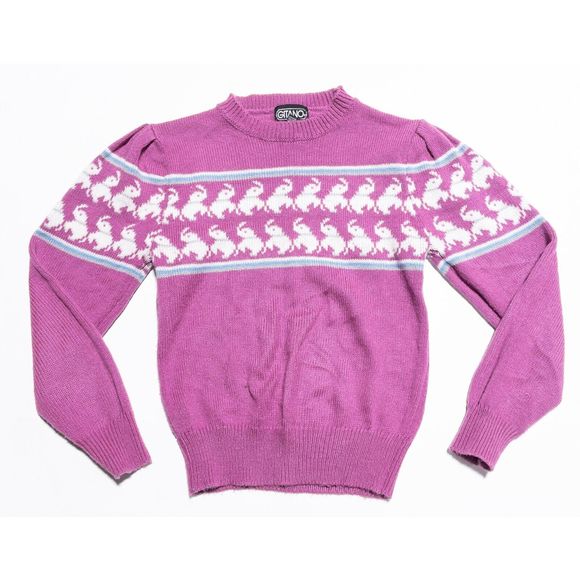 Vintage Gitano Sweater Women's Fits XS Elephants 80s Puff Sleeves Pullover Pink - Picture 2 of 6